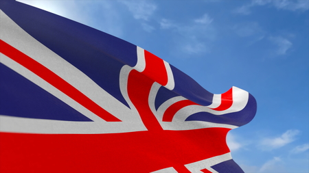 3D rendering, United Kingdom fabric flag waving on the blue sky.の写真素材