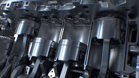 Car Engine inside, Engine pistons, valves and crankshaft, Piston ignition time.の写真素材