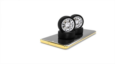 Car wheels placed on the phone screen. Placed separately on a white background. concept art, idea....
