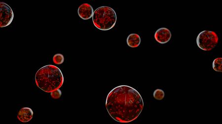Bubbles red oil or serum isolated on black background. 3d renderingの写真素材