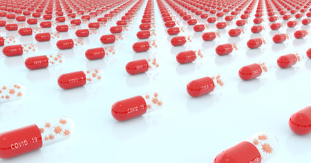 3d render of red pills on white background. Focus on foreground
