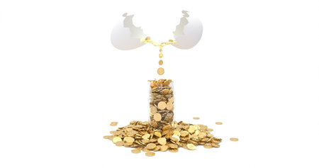 Golden coins in a piggy bank isolated on a white background.