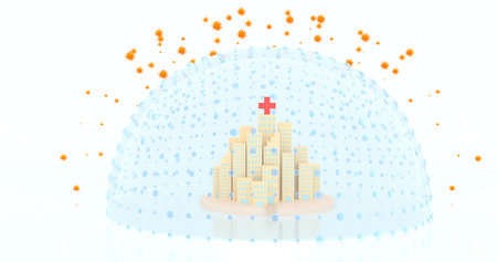 3d render of city with medical cross on top of the globe