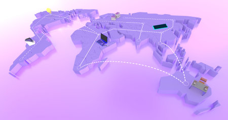 3d rendering of world map with internet network on pink background.