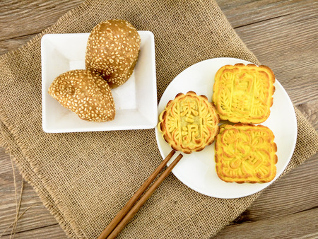 asian snacks with mooncakesの写真素材