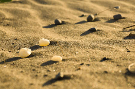 three white pebbles on the beach sandの写真素材
