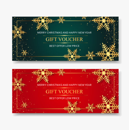 Gift voucher Merry Christmas template with snowflakes gold.のイラスト素材