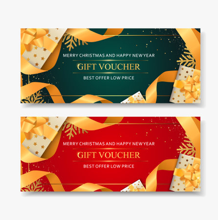 Gift voucher Merry Christmas template with snowflakes gold.のイラスト素材