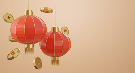 3d chinese design with coin and two red lanterns.Happy Chinese new year