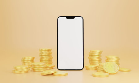 Mockup of smartphone blank screen mockup surrounded by golden coin, Bitcoin. 3D Renderの写真素材