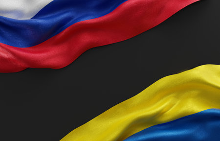Waving flag of Russia and Ukraine on black background. 3d.の写真素材