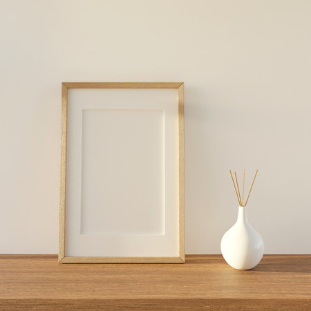Interior design scene with wooden frame and vase. 3d renderの写真素材