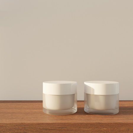 Two white cosmetic jars on a wooden table. 3d rendering mock upの写真素材