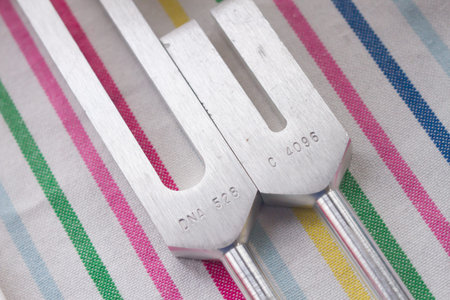 tuning fork and crystal on table .