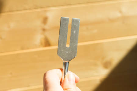 tuning fork and crystal on table .の写真素材