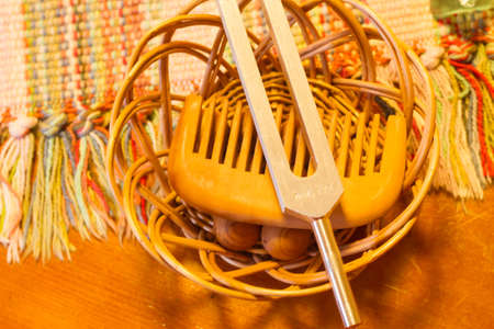 tuning fork and crystal on table.の写真素材