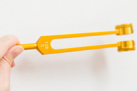 Hand holding a tuning fork and crystal stone  .