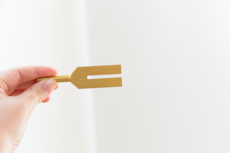 Hand holding a tuning fork and crystal stone  .