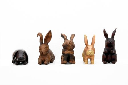 Cute and lovely Dogs and Rabbits, real and wood sculptureのeditorial素材