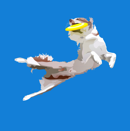 dog jumpes for a disc at the blue sky backgroundのイラスト素材