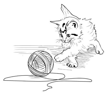 Kitten play with the hank of threadsのイラスト素材