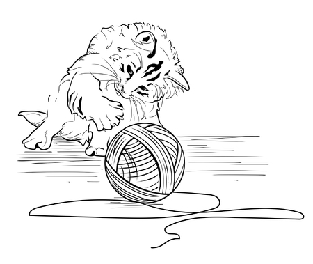 Kitten play with the hank of threadsのイラスト素材