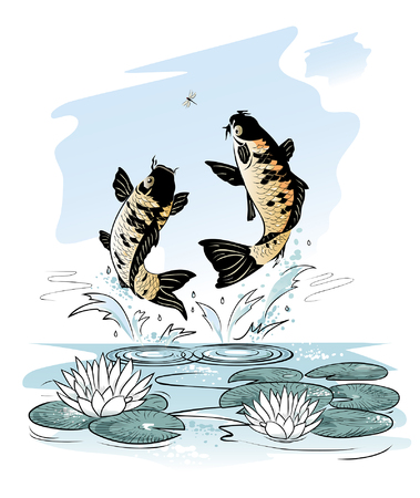 Two carp jump out from water after a dragon-fly on sky background, illustrationのイラスト素材