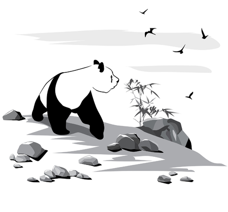 Curious panda among stones and birds on white backgroundのイラスト素材