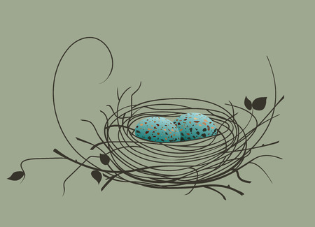 Spotted blue bird eggs in a nest on a green backgroundのイラスト素材