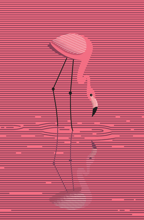 Elegant pink flamingo stands in water on a pink sunset background, vector, minimalistic imageのイラスト素材