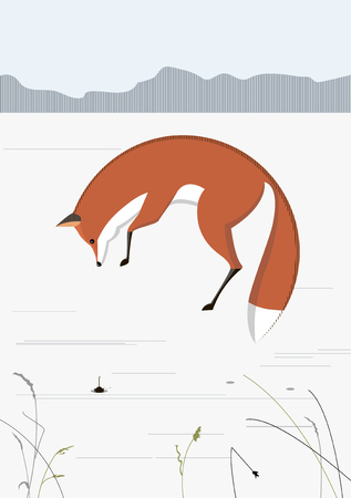 Fox hunts mouse in winter in snowy fieldのイラスト素材