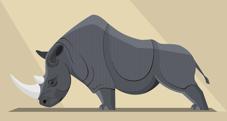 Black rhinoceros in a threatening position on a yellow background, vectorのイラスト素材