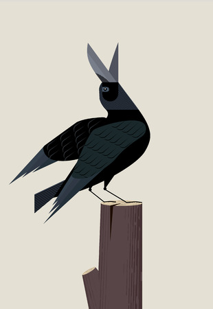 Black crow sits on a tree stump and sings inspired, minimalist imageのイラスト素材