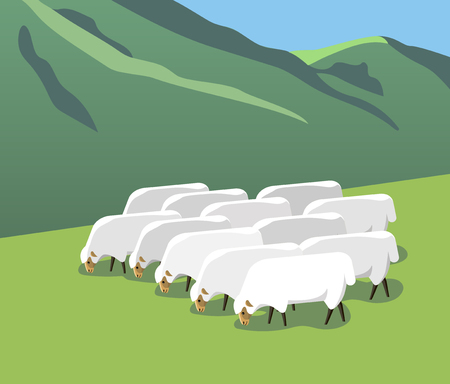 A flock of sheep grazes on a mountain pasture, minimalist styleのイラスト素材