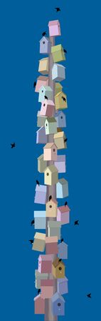 Multi-colored birdhouses built in the form of a skyscraper, minimalist styleのイラスト素材