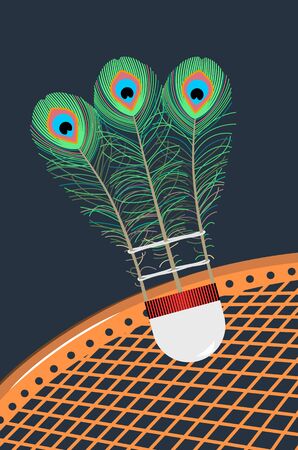 Metaphorical badminton shuttlecock with peacock feathers on a dark blue background and battledoreのイラスト素材