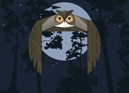 Flying owl against the moonlit sky and pine silhouettesのイラスト素材