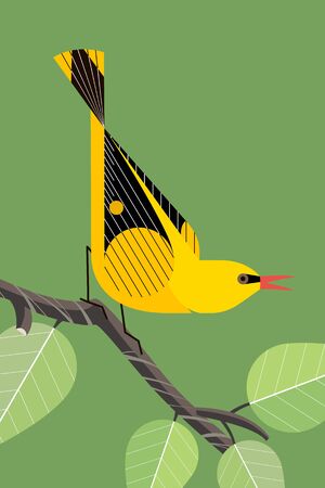 Bright yellow Oriole sings on a tree branch on a green background, stylized imageのイラスト素材