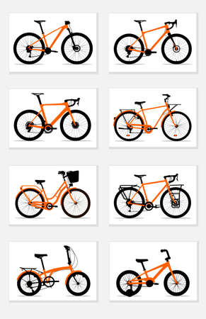 Orange and black silhouettes of bicycles: mountain, gravel, road, womens, urban, touring, folding, kids, icon setのイラスト素材