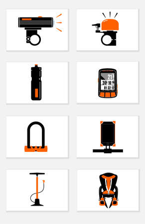 Bicycle accessories for comfortable and safe cycling, icons set isolated on white backgroundのイラスト素材