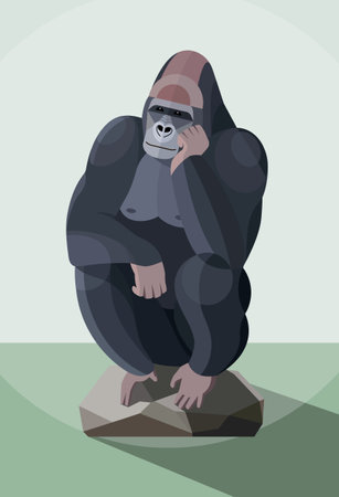 Brooding gorilla sits on a stone with his head on his hand, stylized imageのイラスト素材
