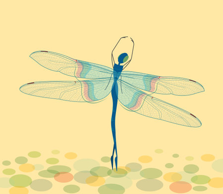 Blue dragonfly dances ballet on a yellow background, stylization, vectorのイラスト素材