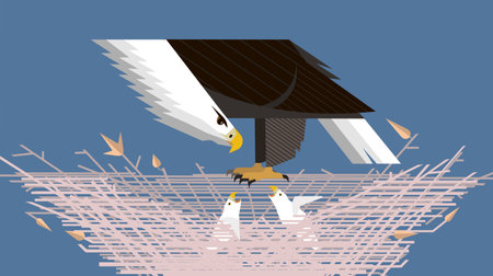 A female eagle sits on a nest with two tiny eaglets, vector illustration, stylized imageのイラスト素材