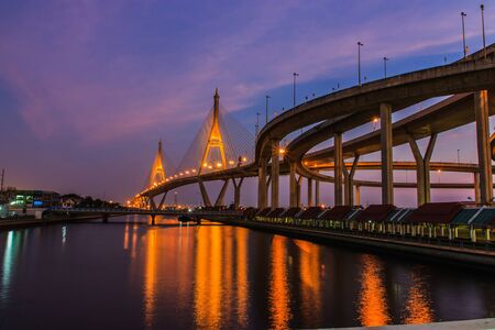 Lights and shadows on the water  The bridge crosses the Chao Phraya River for industrial ring road Thailandの写真素材