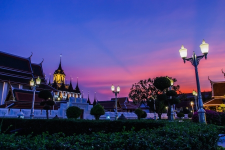 Front of The temple lamp to the evening sky pavilions adjacent to the Great Jessada Bodin in Bangkok の写真素材
