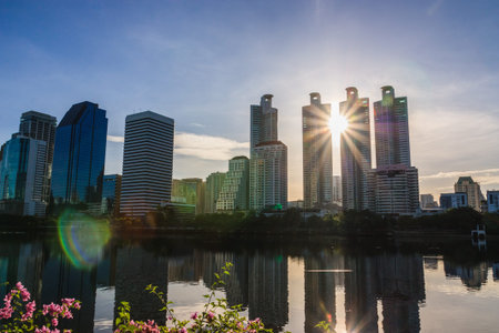 New modern building and blue sky with light  sunrise,Thailand
