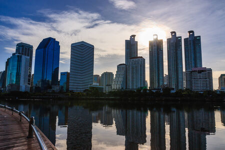 Building and blue sky with light  sunbeams in bangkok,Thailandの写真素材