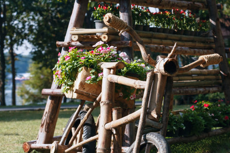 Flowers outdoor Gardening ideas with wooden bike.の写真素材