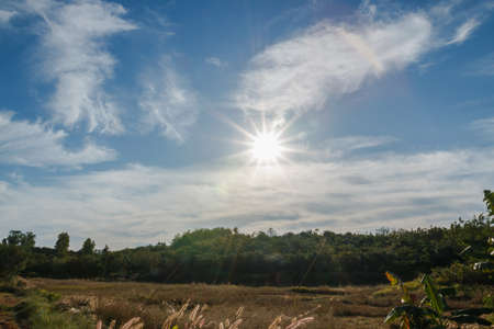 sun rays with white clouds on blue sky in fields summerの写真素材