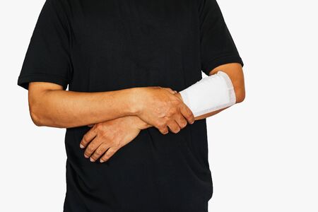 Handle  Left arm of a male has been injured on white backgroundの写真素材